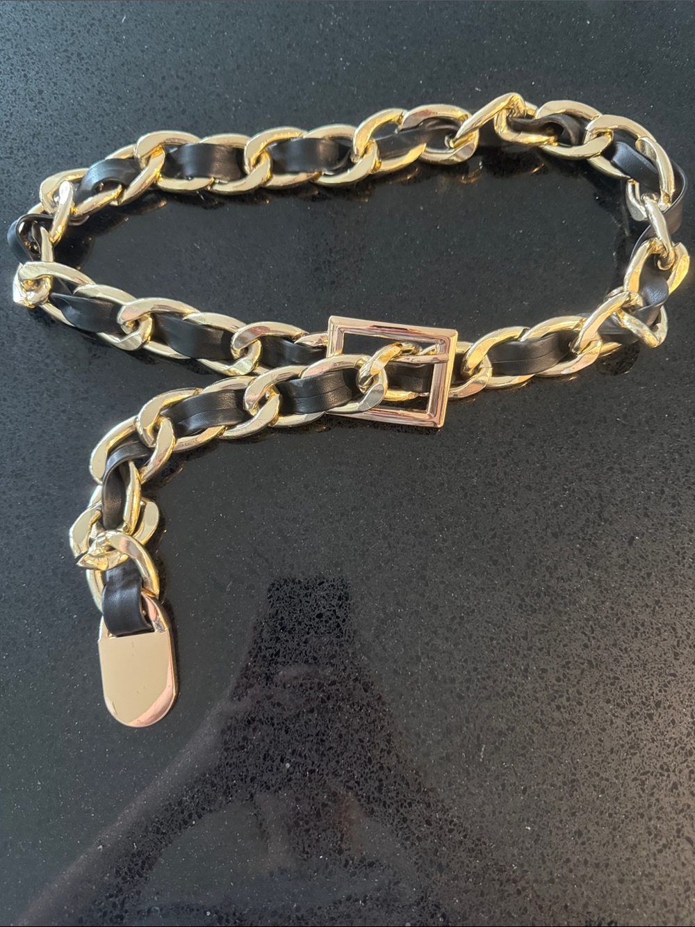 Gold Chain Belt with Black Leather Weave